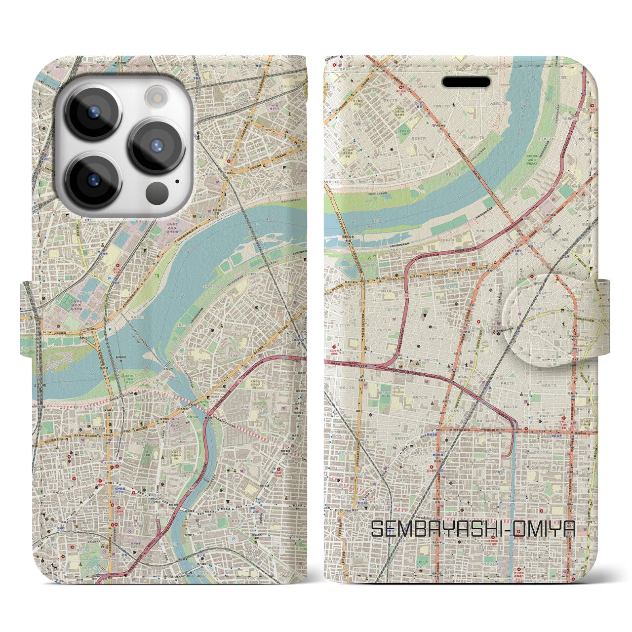 【千林大宮】地図柄iPhoneケース（手帳両面タイプ・ナチュラル）iPhone 14 Pro 用