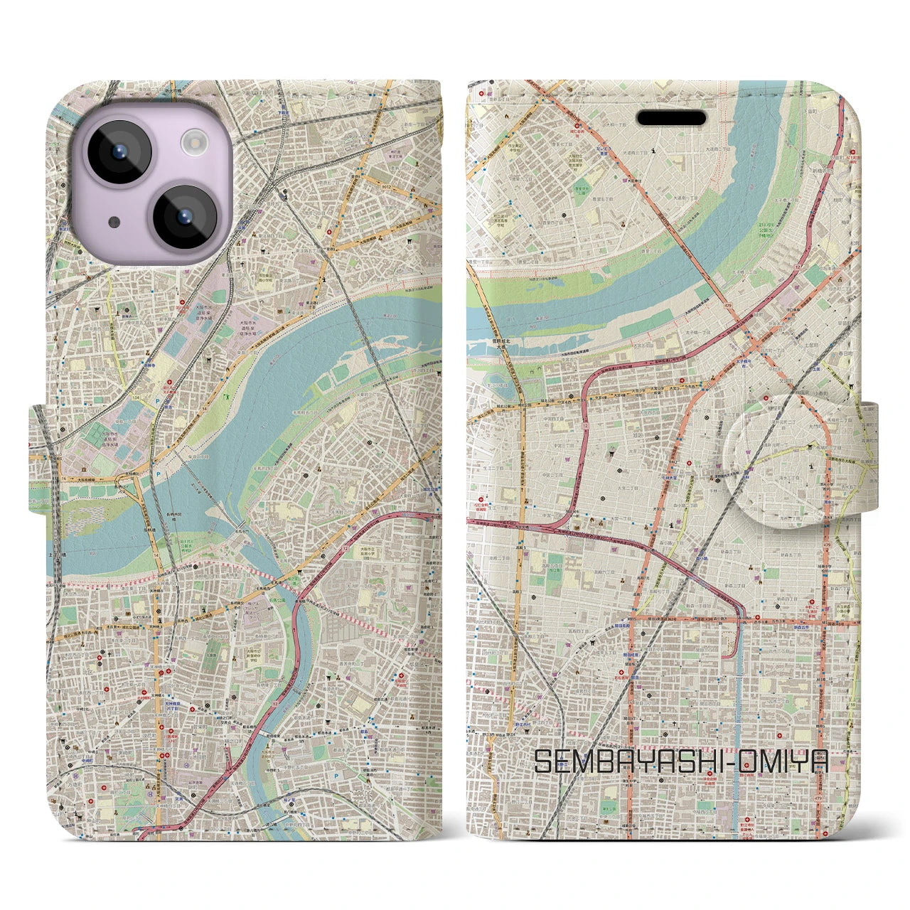 【千林大宮】地図柄iPhoneケース（手帳両面タイプ・ナチュラル）iPhone 14 用
