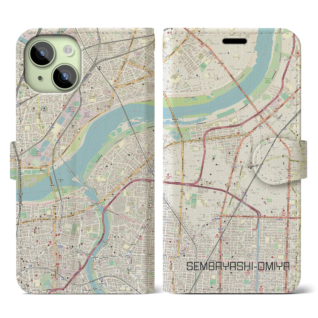 【千林大宮】地図柄iPhoneケース（手帳両面タイプ・ナチュラル）iPhone 15 用