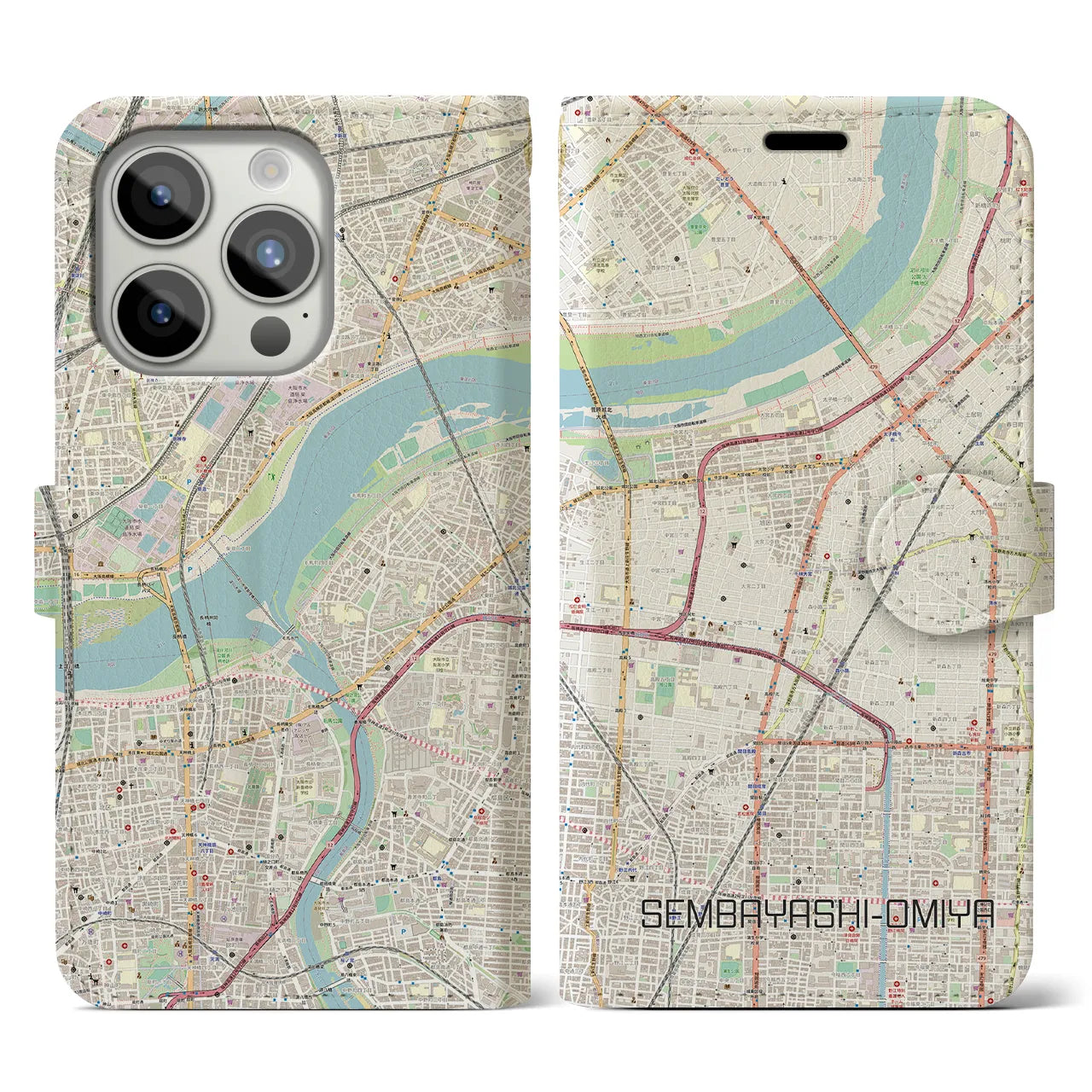 【千林大宮】地図柄iPhoneケース（手帳両面タイプ・ナチュラル）iPhone 15 Pro 用