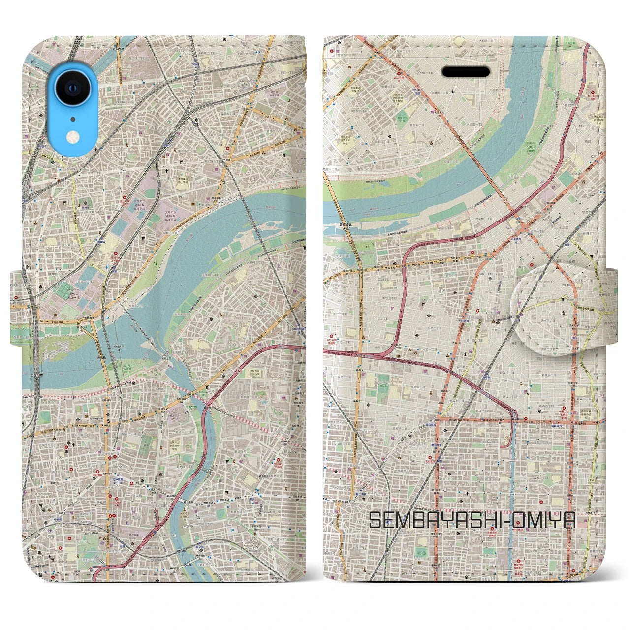 【千林大宮】地図柄iPhoneケース（手帳両面タイプ・ナチュラル）iPhone XR 用