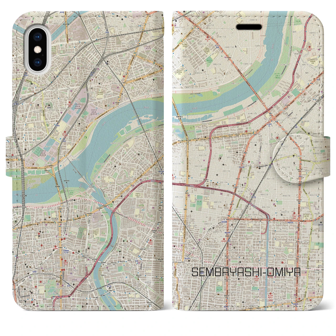 【千林大宮】地図柄iPhoneケース（手帳両面タイプ・ナチュラル）iPhone XS Max 用