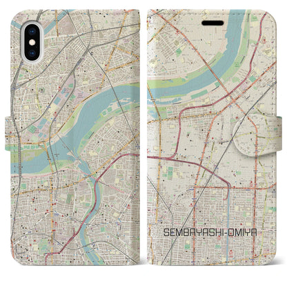 【千林大宮（大阪府）】地図柄iPhoneケース（手帳タイプ）ナチュラル・iPhone XS Max 用