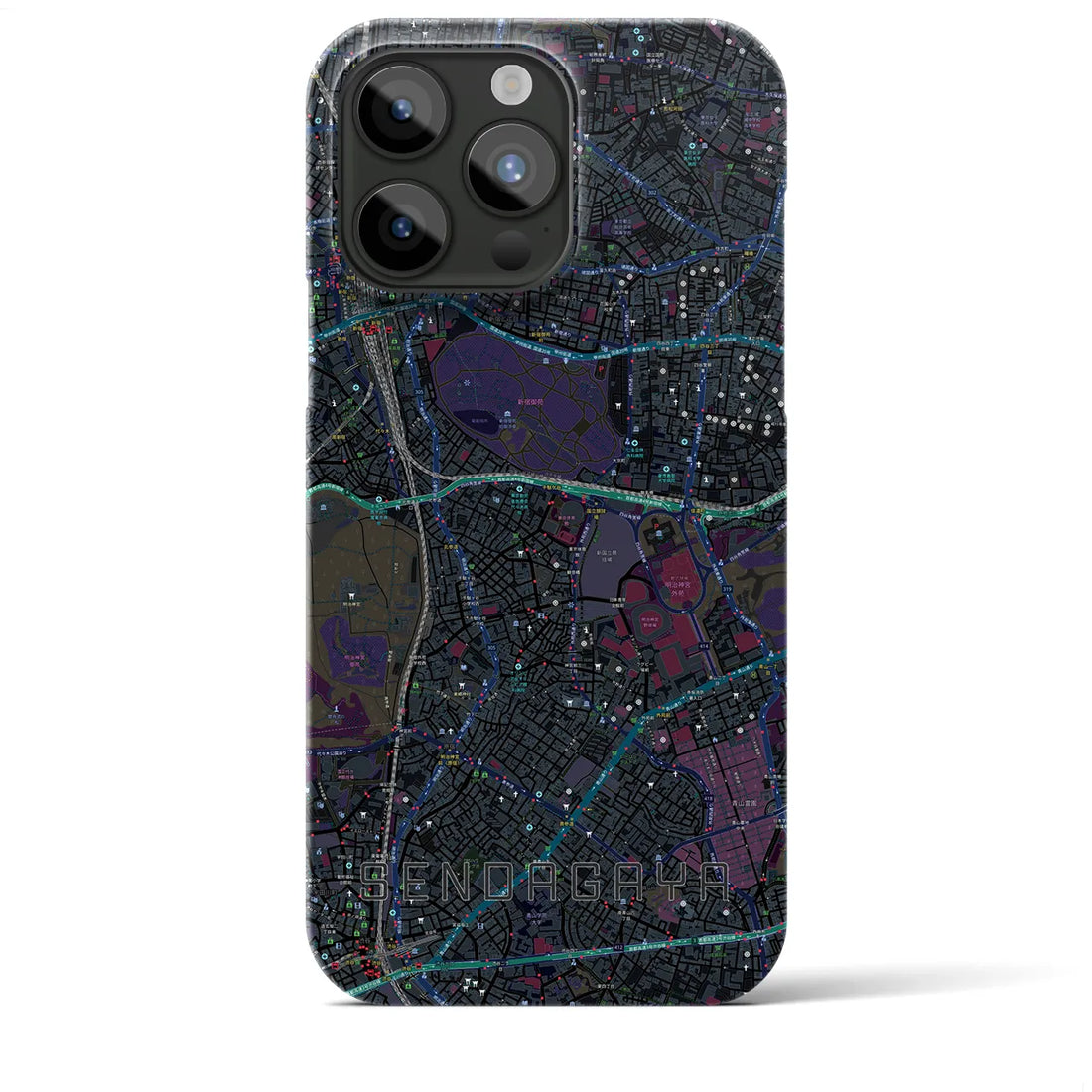 【千駄ケ谷】地図柄iPhoneケース（バックカバータイプ・ブラック）iPhone 15 Pro Max 用