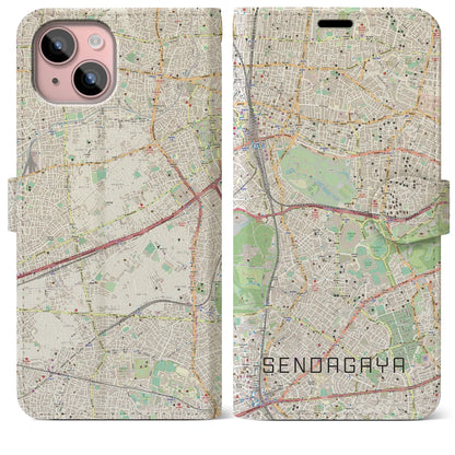 【千駄ケ谷（東京都）】地図柄iPhoneケース（手帳タイプ）ナチュラル・iPhone 15 Plus 用