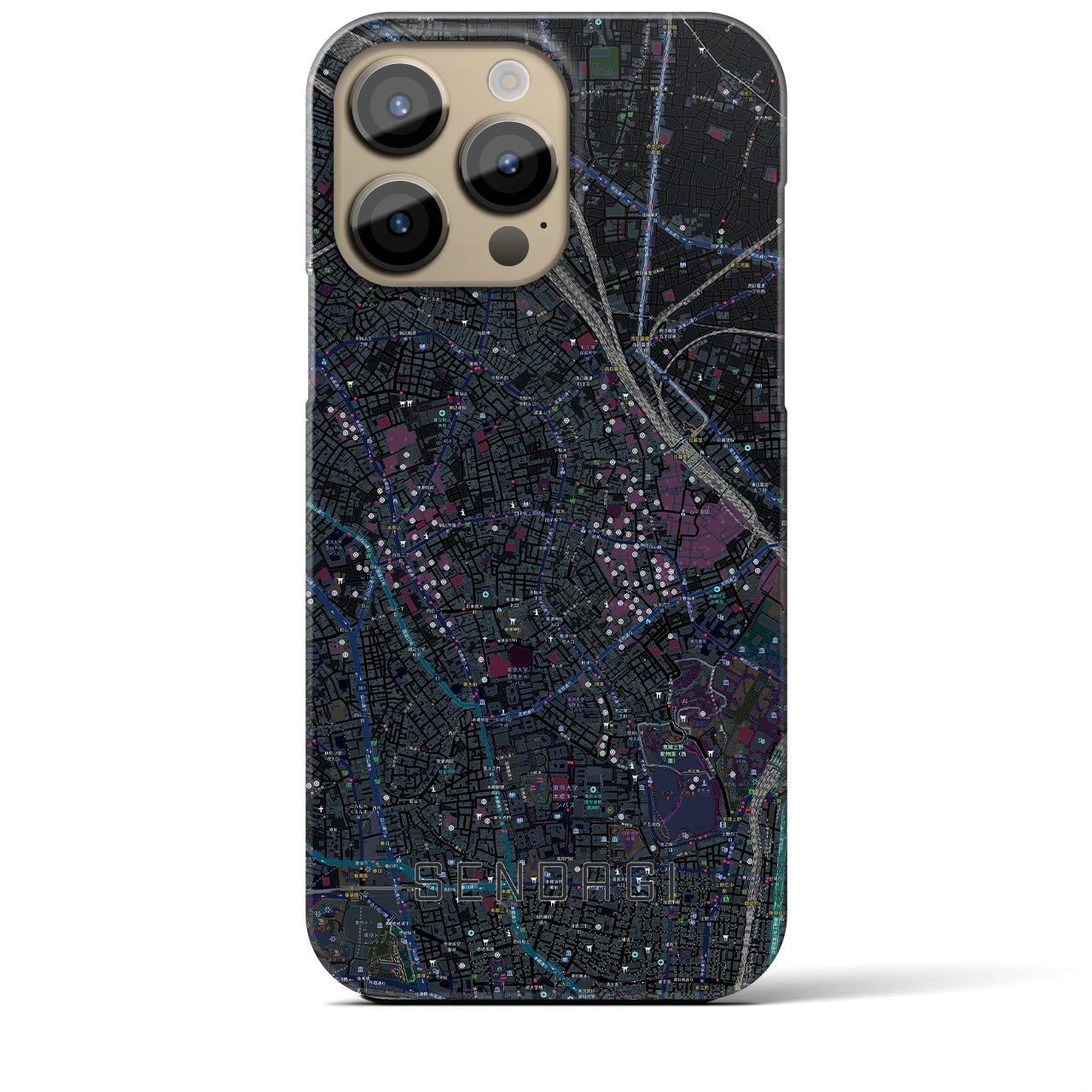 【千駄木】地図柄iPhoneケース（バックカバータイプ・ブラック）iPhone 14 Pro Max 用