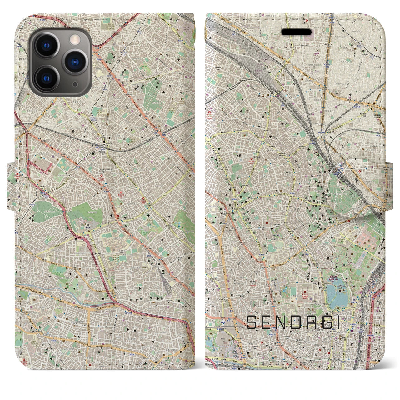 【千駄木】地図柄iPhoneケース（手帳両面タイプ・ナチュラル）iPhone 11 Pro Max 用