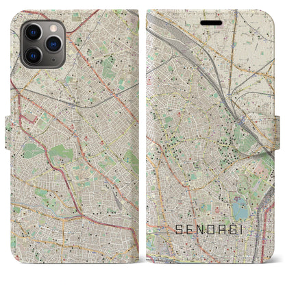 【千駄木（東京都）】地図柄iPhoneケース（手帳タイプ）ナチュラル・iPhone 11 Pro Max 用