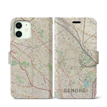 【千駄木（東京都）】地図柄iPhoneケース（手帳タイプ）ナチュラル・iPhone 12 mini 用