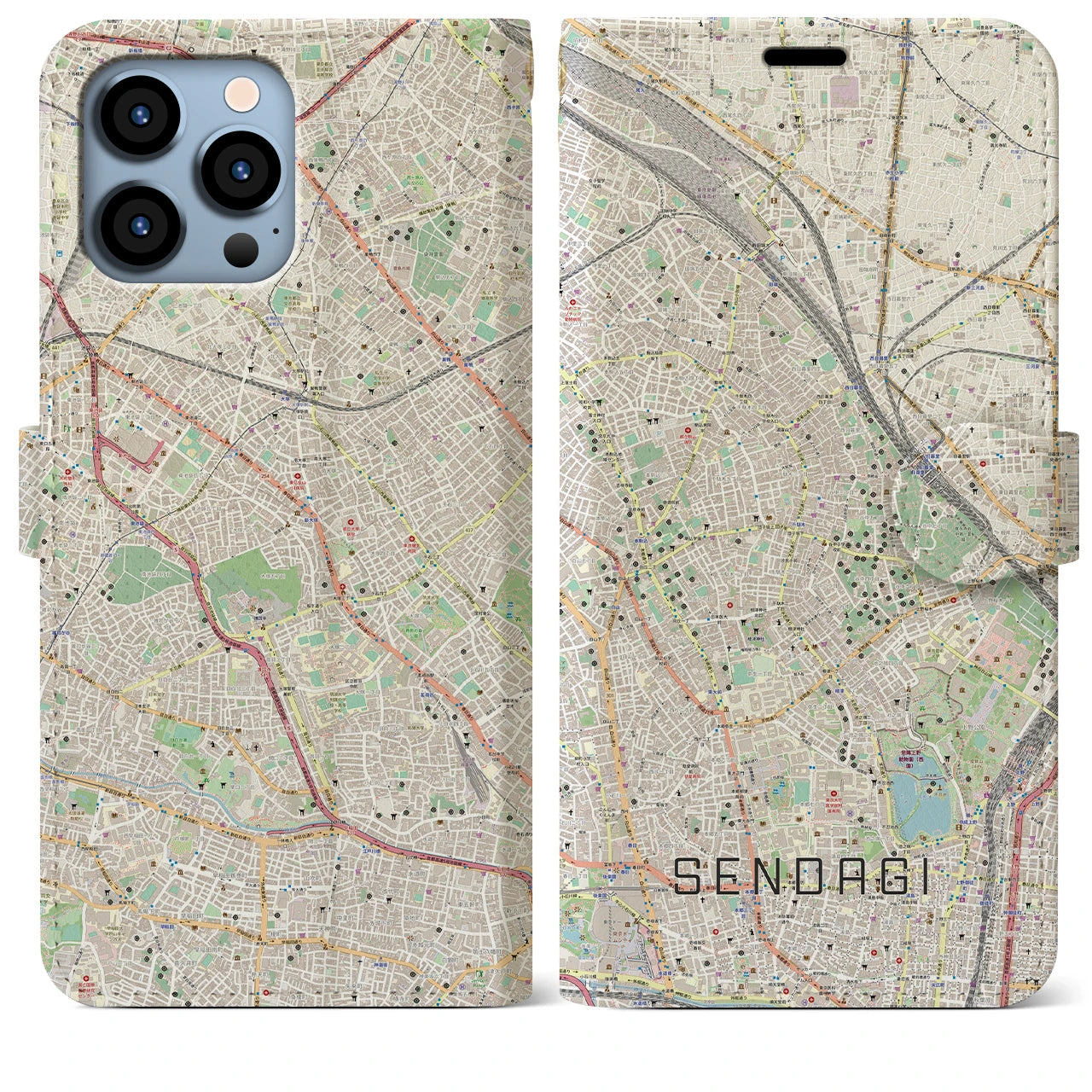 【千駄木】地図柄iPhoneケース（手帳両面タイプ・ナチュラル）iPhone 13 Pro Max 用