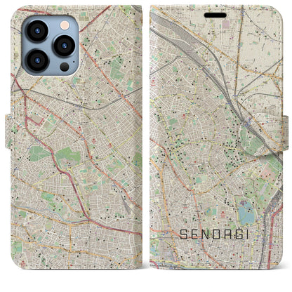 【千駄木（東京都）】地図柄iPhoneケース（手帳タイプ）ナチュラル・iPhone 13 Pro Max 用