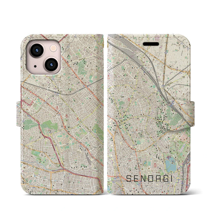 【千駄木（東京都）】地図柄iPhoneケース（手帳タイプ）ナチュラル・iPhone 13 mini 用