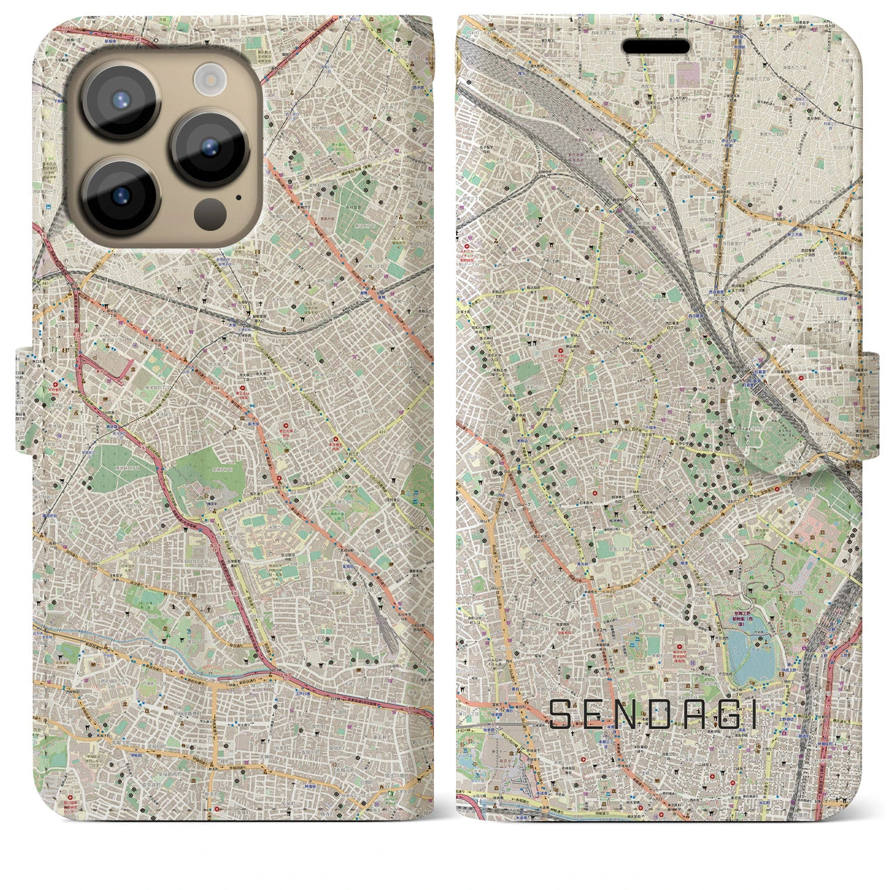 【千駄木】地図柄iPhoneケース（手帳両面タイプ・ナチュラル）iPhone 14 Pro Max 用