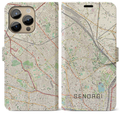 【千駄木（東京都）】地図柄iPhoneケース（手帳タイプ）ナチュラル・iPhone 14 Pro Max 用