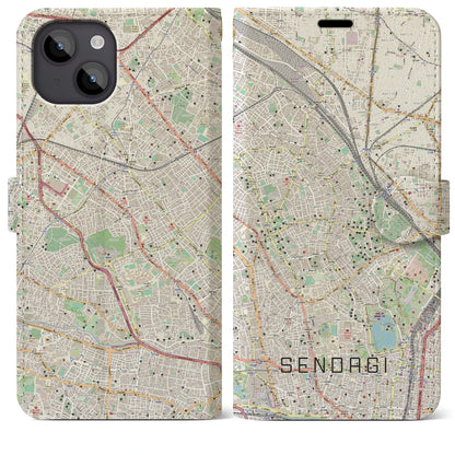 【千駄木（東京都）】地図柄iPhoneケース（手帳タイプ）ナチュラル・iPhone 14 Plus 用