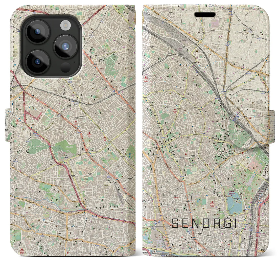 【千駄木】地図柄iPhoneケース（手帳両面タイプ・ナチュラル）iPhone 15 Pro Max 用