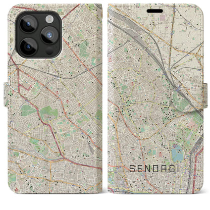 【千駄木（東京都）】地図柄iPhoneケース（手帳タイプ）ナチュラル・iPhone 15 Pro Max 用