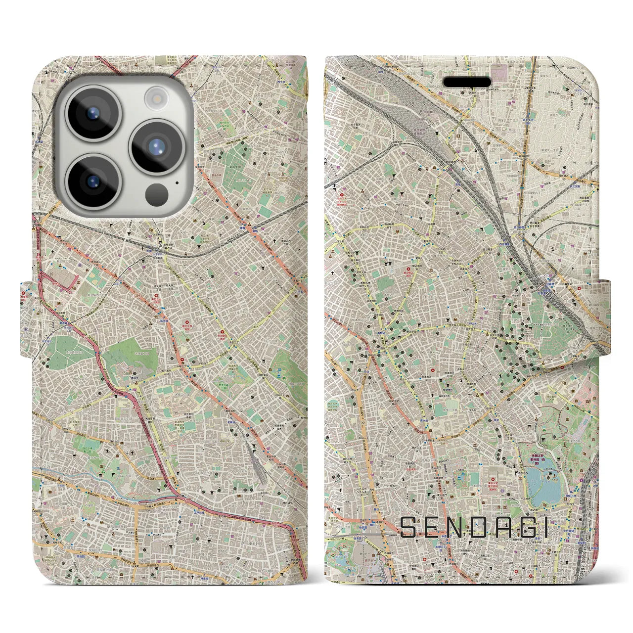 【千駄木】地図柄iPhoneケース（手帳両面タイプ・ナチュラル）iPhone 15 Pro 用