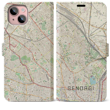 【千駄木（東京都）】地図柄iPhoneケース（手帳タイプ）ナチュラル・iPhone 15 Plus 用