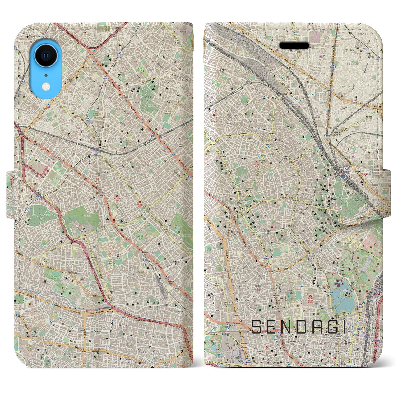 【千駄木】地図柄iPhoneケース（手帳両面タイプ・ナチュラル）iPhone XR 用