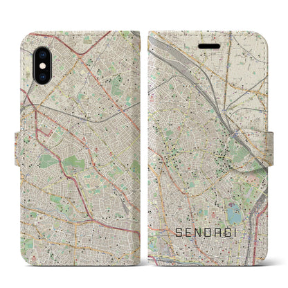【千駄木（東京都）】地図柄iPhoneケース（手帳タイプ）ナチュラル・iPhone XS / X 用