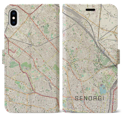 【千駄木（東京都）】地図柄iPhoneケース（手帳タイプ）ナチュラル・iPhone XS Max 用