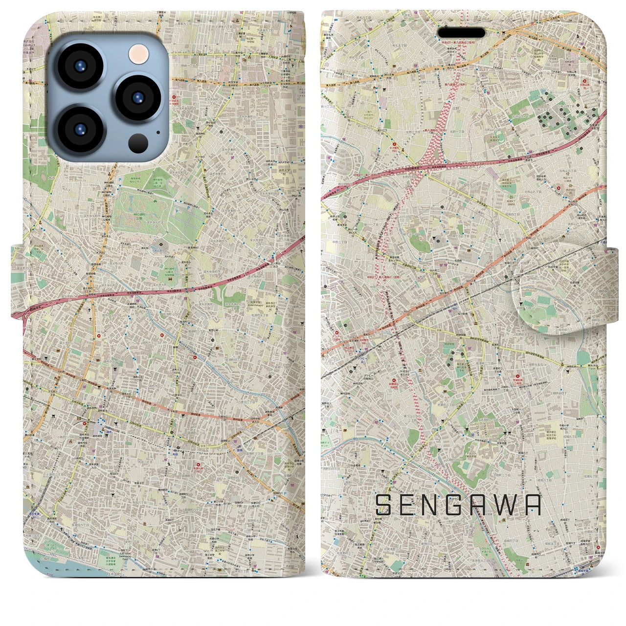 【仙川】地図柄iPhoneケース（手帳両面タイプ・ナチュラル）iPhone 13 Pro Max 用