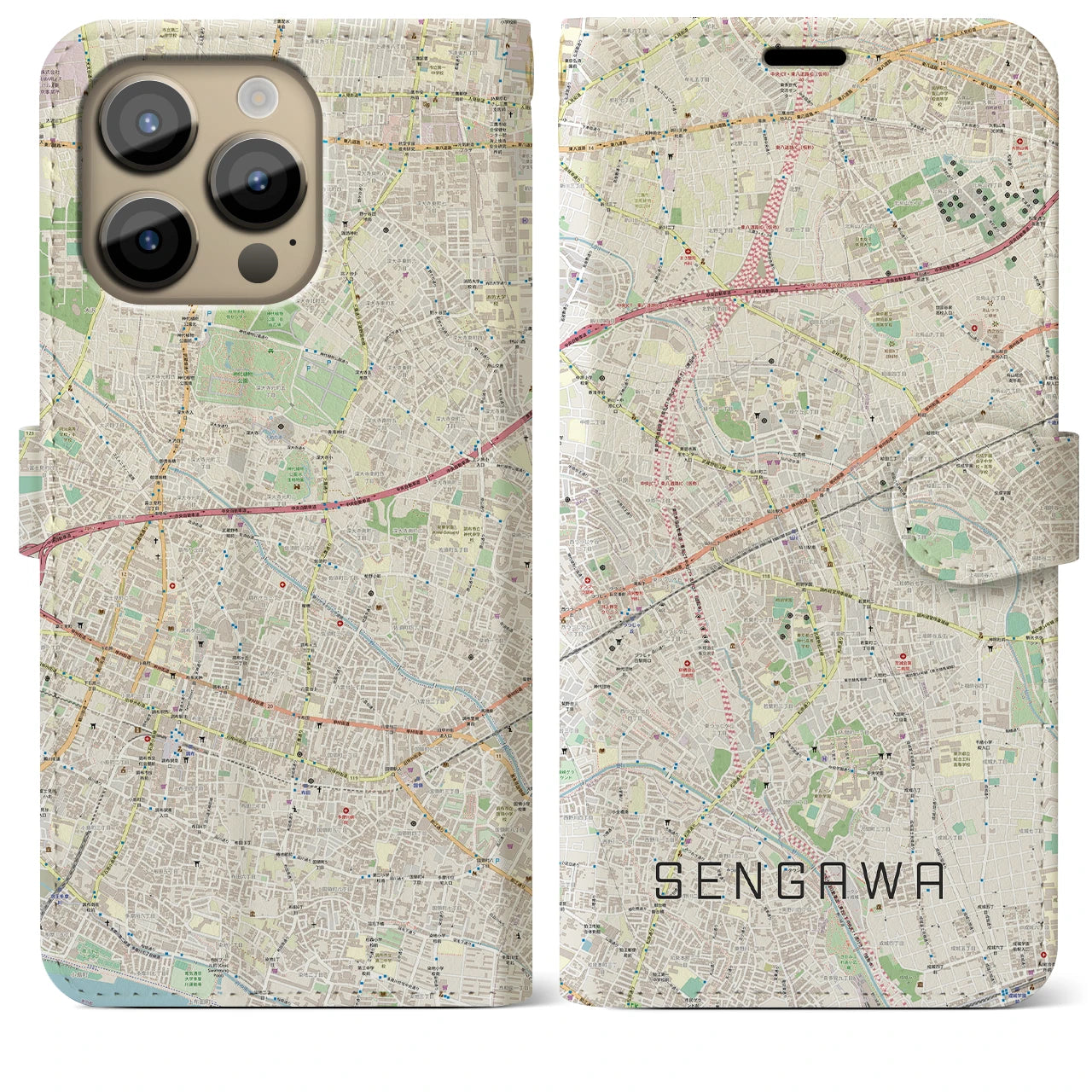 【仙川】地図柄iPhoneケース（手帳両面タイプ・ナチュラル）iPhone 14 Pro Max 用