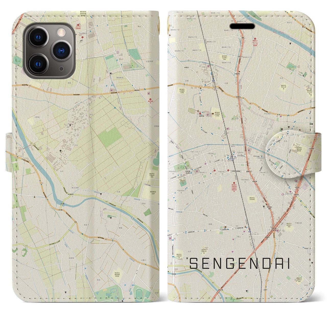 【せんげん台】地図柄iPhoneケース（手帳両面タイプ・ナチュラル）iPhone 11 Pro Max 用