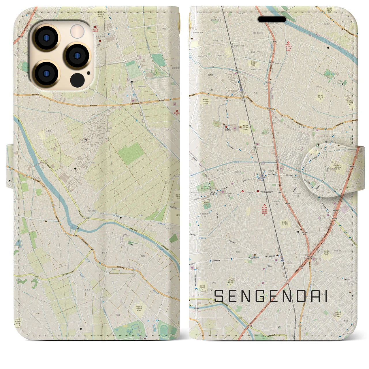 【せんげん台】地図柄iPhoneケース（手帳両面タイプ・ナチュラル）iPhone 12 Pro Max 用