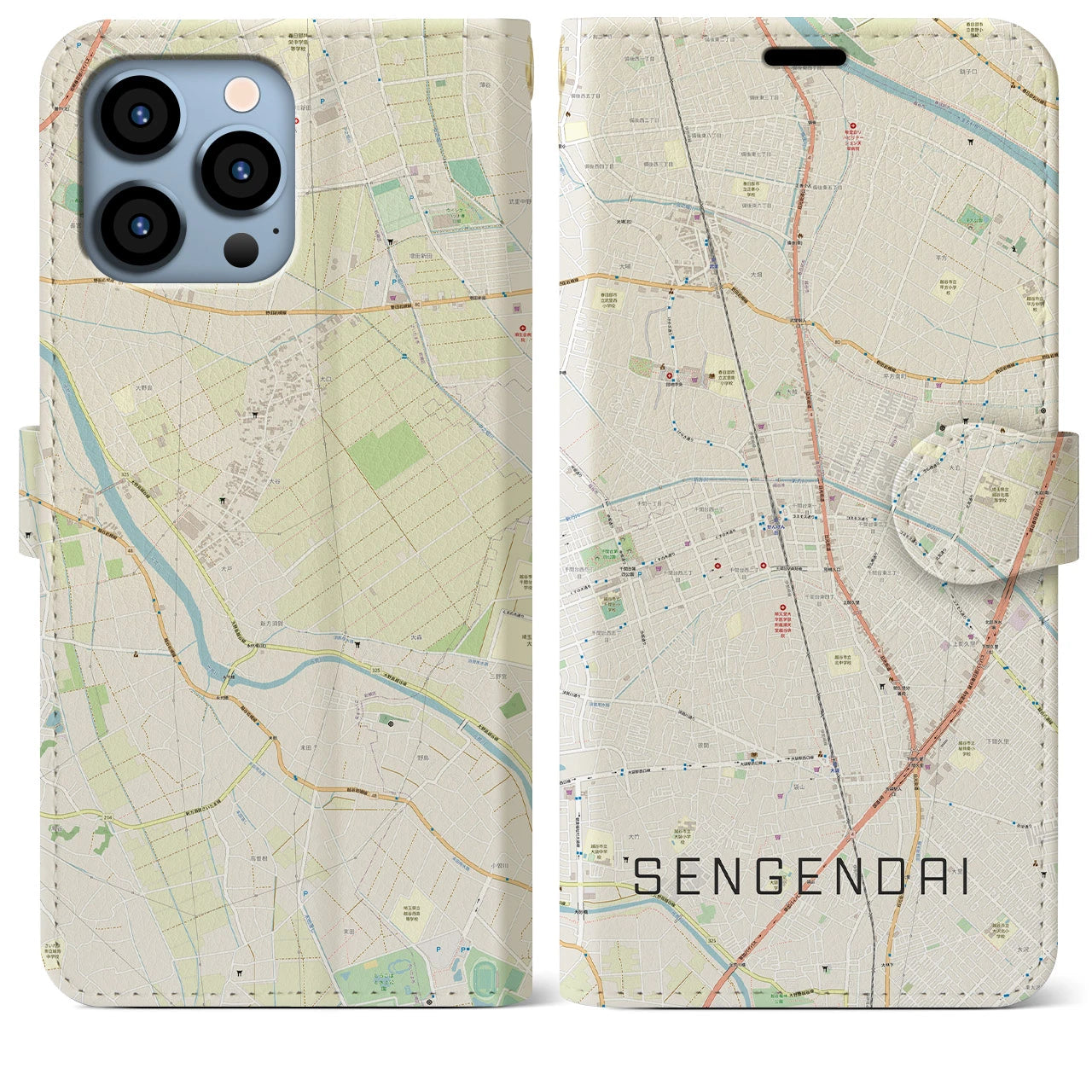 【せんげん台】地図柄iPhoneケース（手帳両面タイプ・ナチュラル）iPhone 13 Pro Max 用