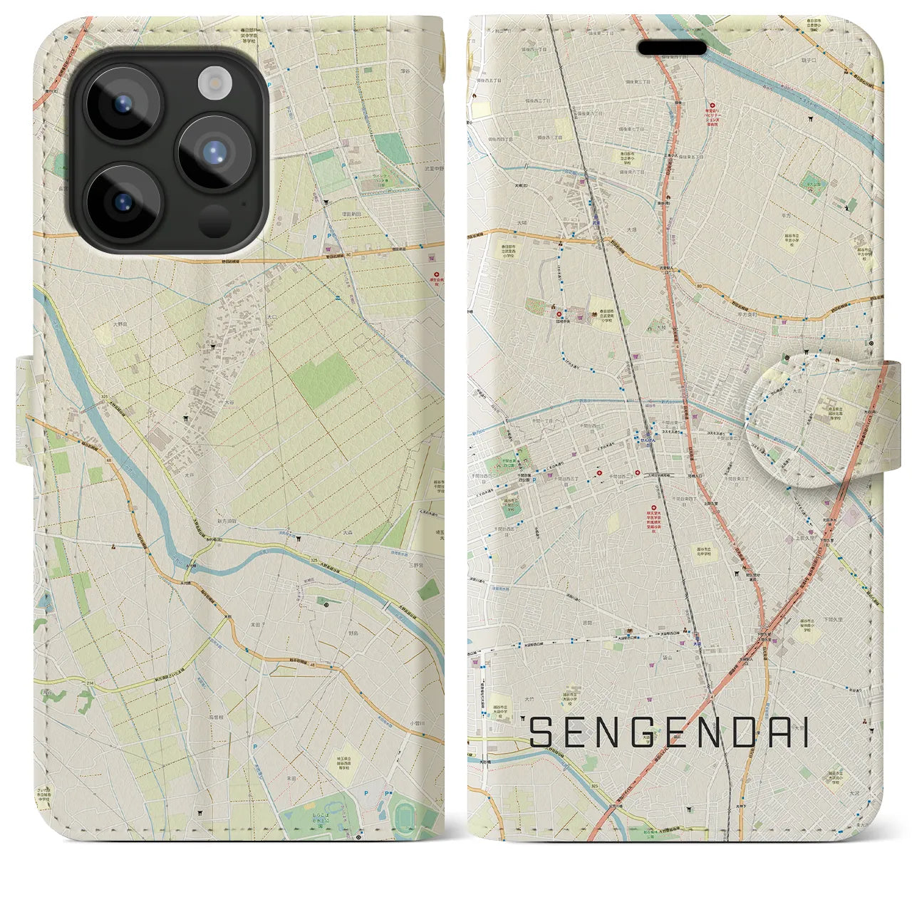 【せんげん台】地図柄iPhoneケース（手帳両面タイプ・ナチュラル）iPhone 15 Pro Max 用