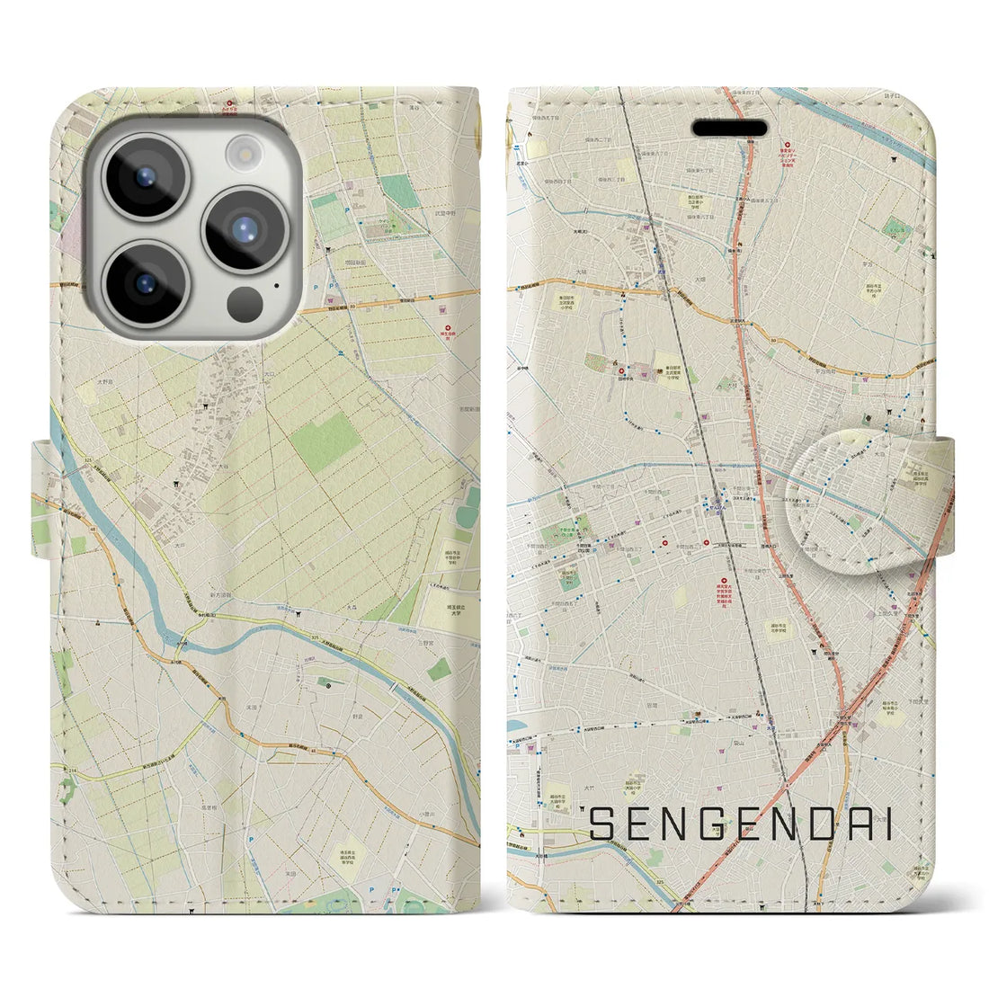 【せんげん台】地図柄iPhoneケース（手帳両面タイプ・ナチュラル）iPhone 15 Pro 用
