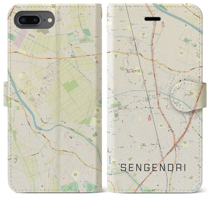 【せんげん台（埼玉県）】地図柄iPhoneケース（手帳タイプ）ナチュラル・iPhone 8Plus /7Plus / 6sPlus / 6Plus 用
