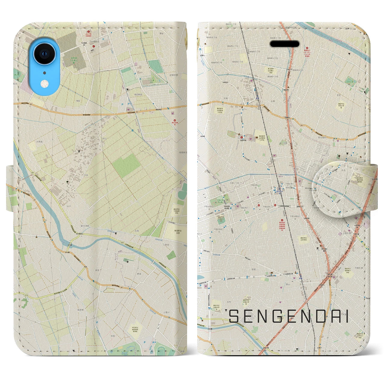【せんげん台】地図柄iPhoneケース（手帳両面タイプ・ナチュラル）iPhone XR 用