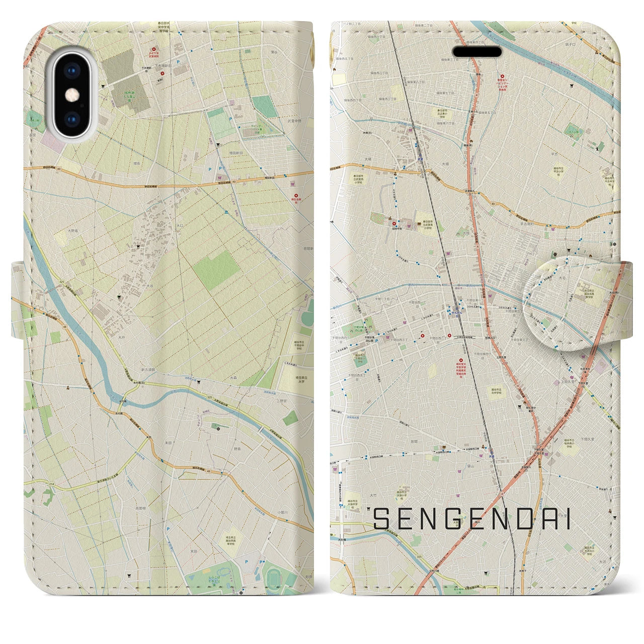 【せんげん台】地図柄iPhoneケース（手帳両面タイプ・ナチュラル）iPhone XS Max 用