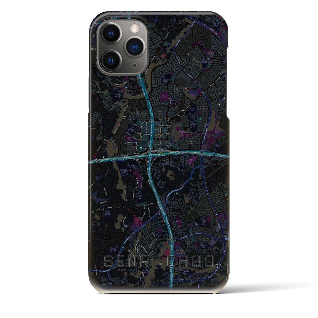 【千里中央】地図柄iPhoneケース（バックカバータイプ・ブラック）iPhone 11 Pro Max 用