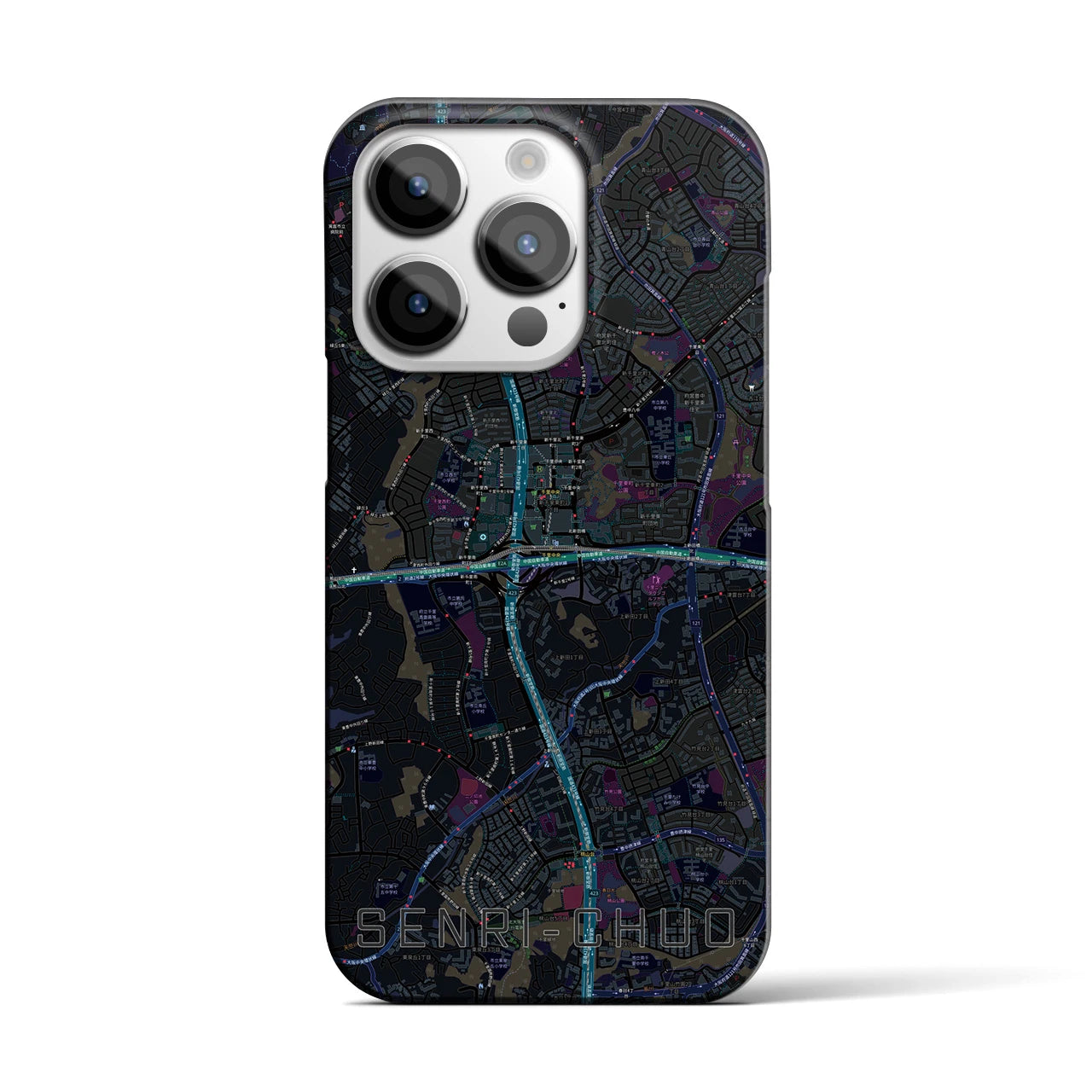 【千里中央】地図柄iPhoneケース（バックカバータイプ・ブラック）iPhone 14 Pro 用