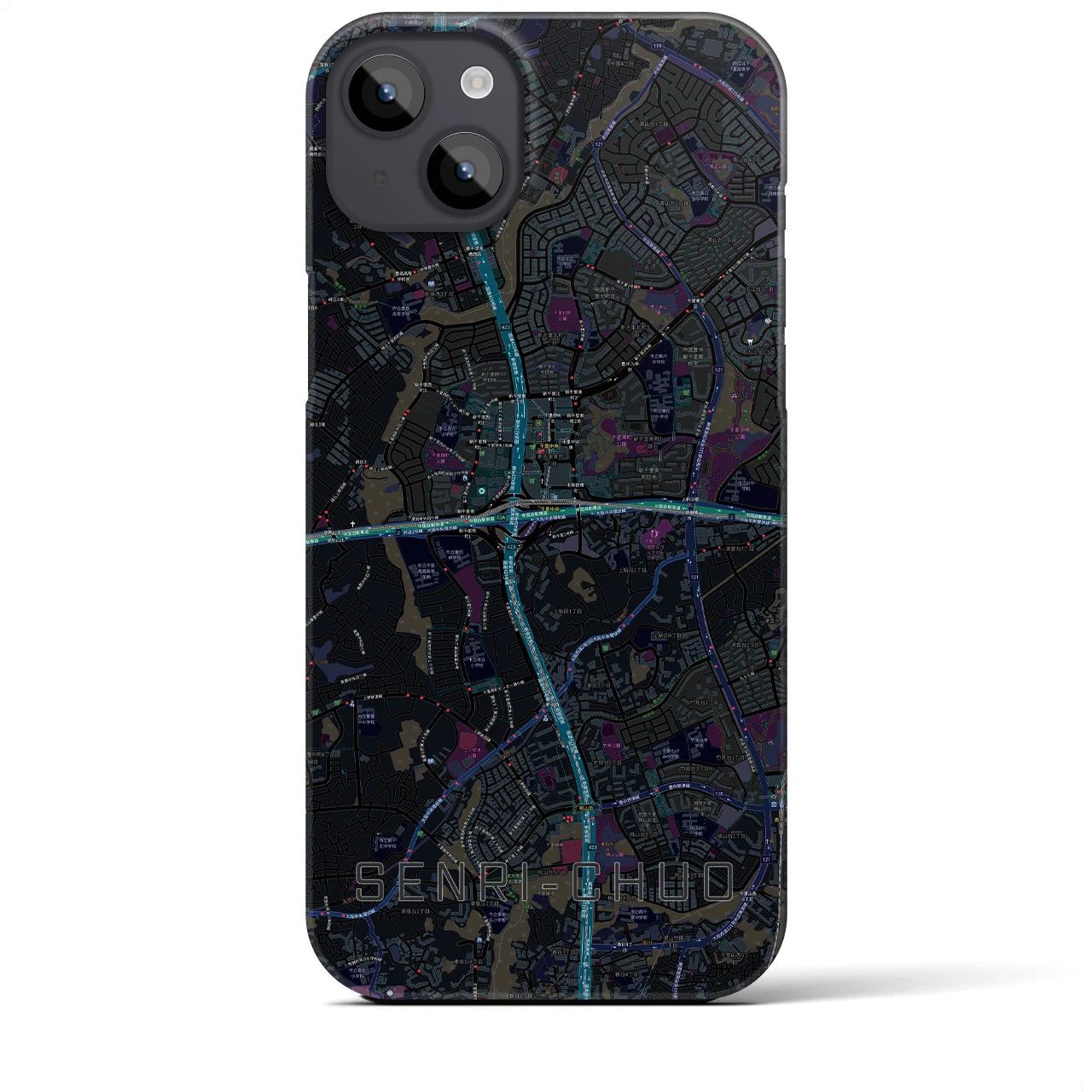 【千里中央】地図柄iPhoneケース（バックカバータイプ・ブラック）iPhone 14 Plus 用