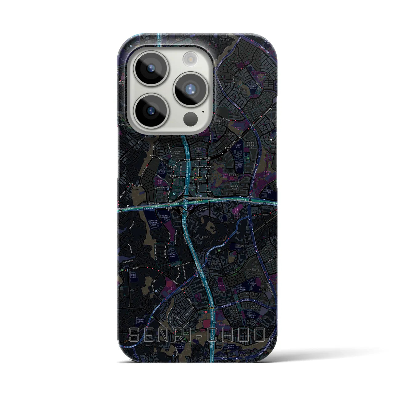 【千里中央】地図柄iPhoneケース（バックカバータイプ・ブラック）iPhone 15 Pro 用