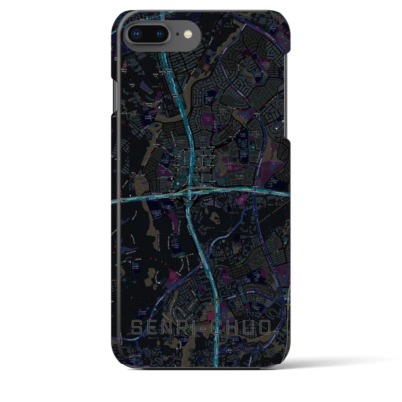【千里中央】地図柄iPhoneケース（バックカバータイプ・ブラック）iPhone 8Plus /7Plus / 6sPlus / 6Plus 用