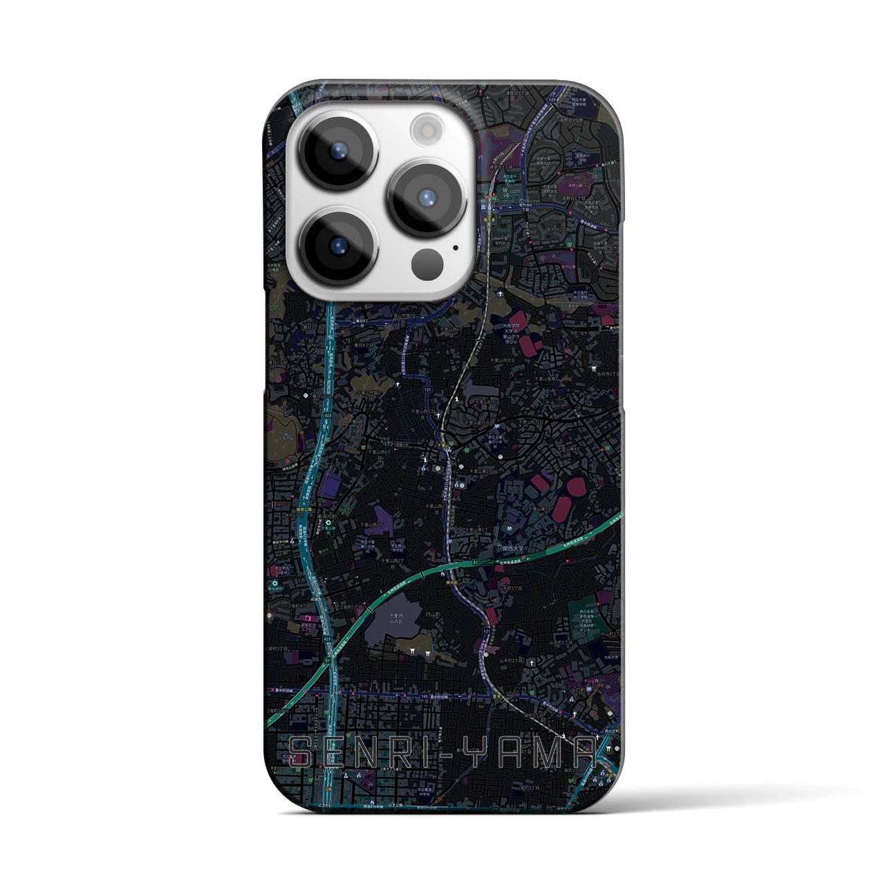 【千里山】地図柄iPhoneケース（バックカバータイプ・ブラック）iPhone 14 Pro 用