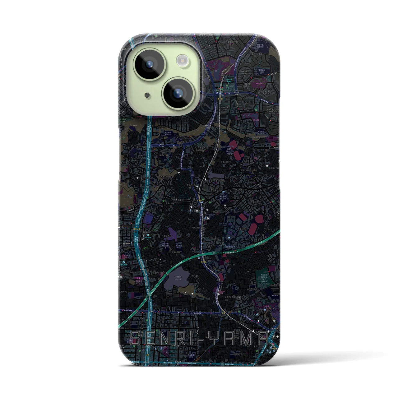 【千里山】地図柄iPhoneケース（バックカバータイプ・ブラック）iPhone 15 用
