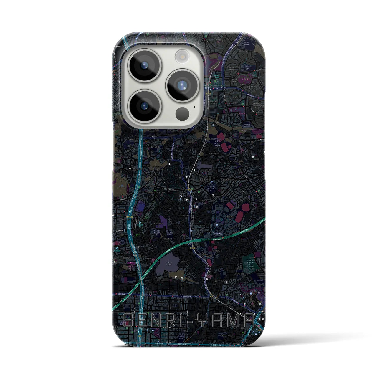 【千里山】地図柄iPhoneケース（バックカバータイプ・ブラック）iPhone 15 Pro 用