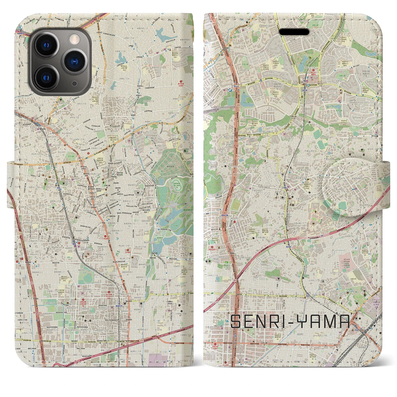 【千里山】地図柄iPhoneケース（手帳両面タイプ・ナチュラル）iPhone 11 Pro Max 用