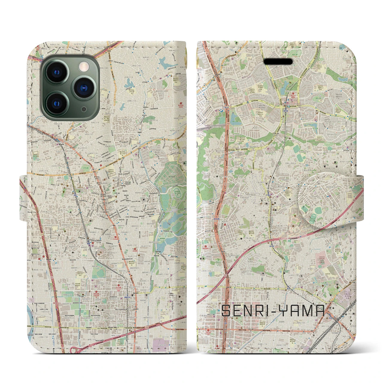 【千里山】地図柄iPhoneケース（手帳両面タイプ・ナチュラル）iPhone 11 Pro 用