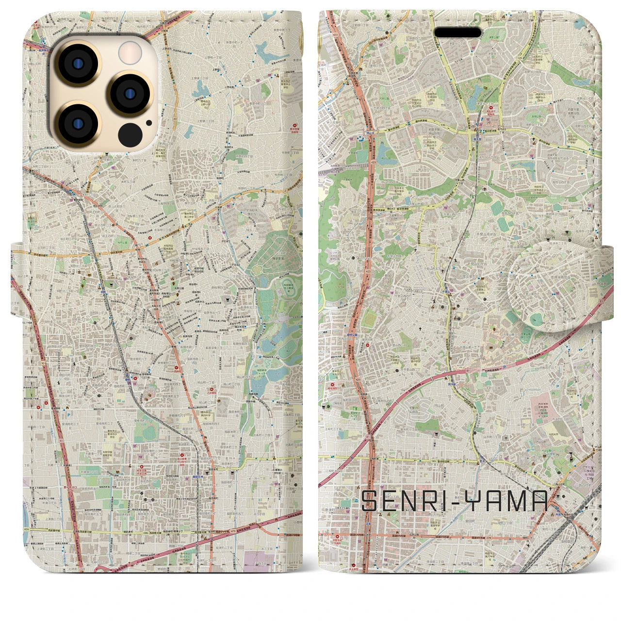 【千里山】地図柄iPhoneケース（手帳両面タイプ・ナチュラル）iPhone 12 Pro Max 用