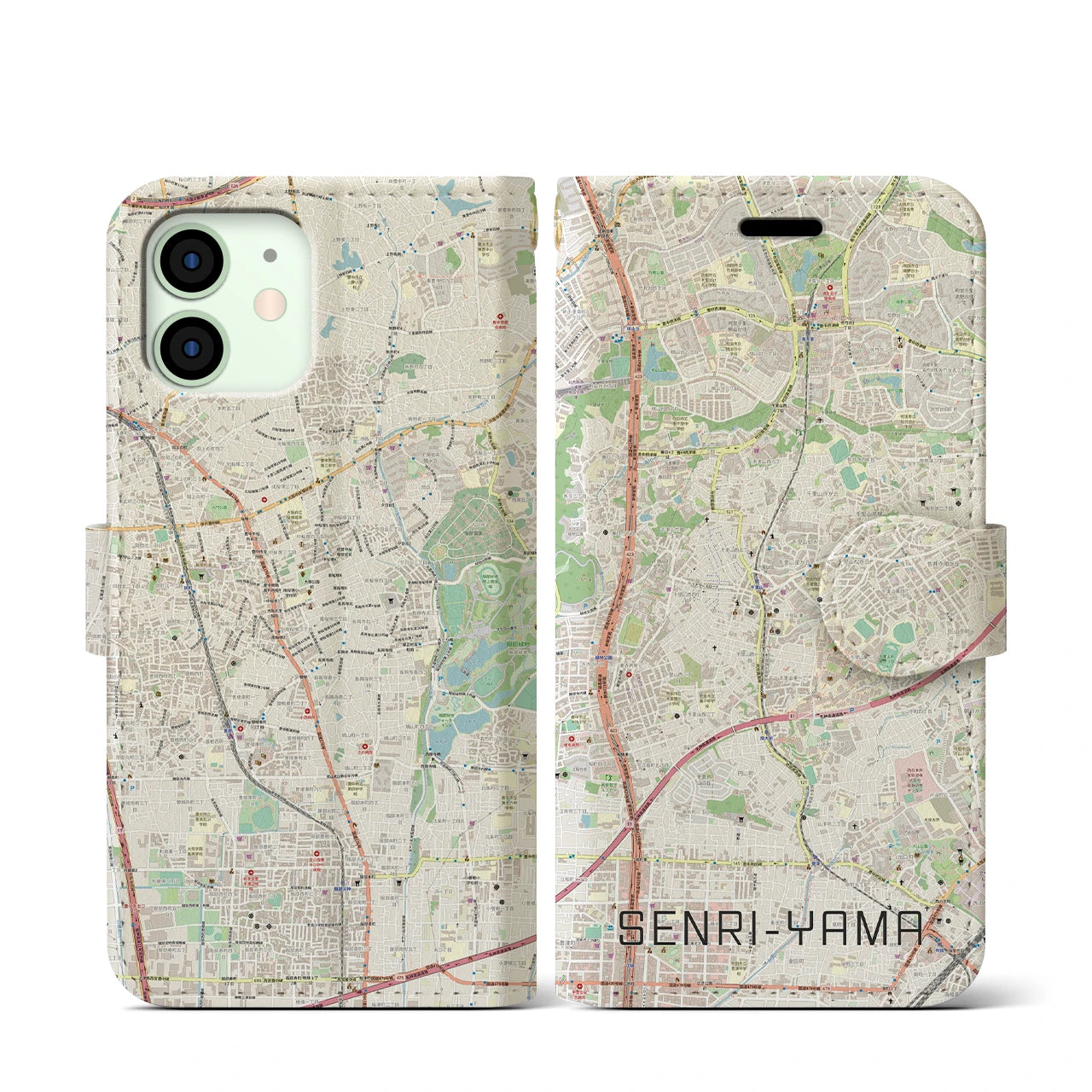 【千里山】地図柄iPhoneケース（手帳両面タイプ・ナチュラル）iPhone 12 mini 用