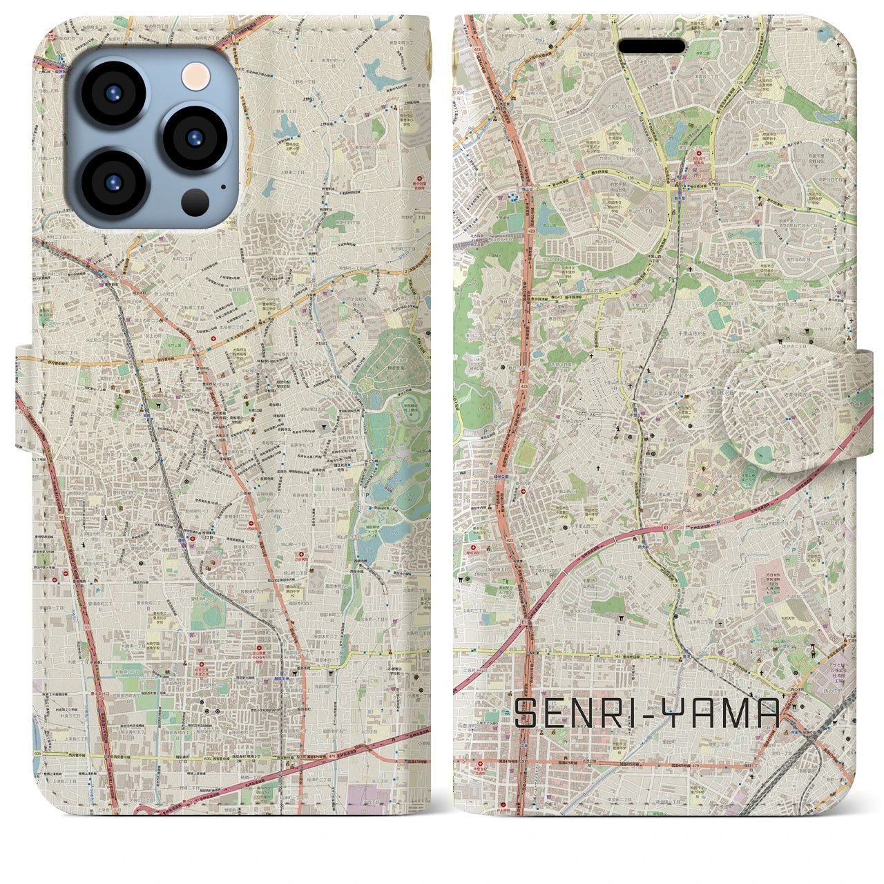 【千里山】地図柄iPhoneケース（手帳両面タイプ・ナチュラル）iPhone 13 Pro Max 用