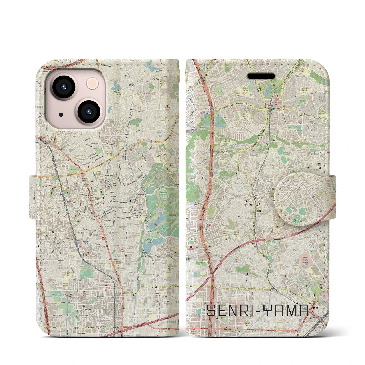 【千里山】地図柄iPhoneケース（手帳両面タイプ・ナチュラル）iPhone 13 mini 用